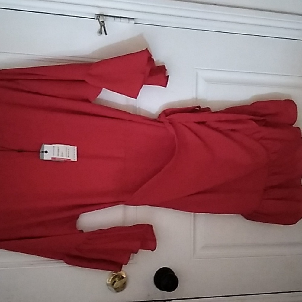 Bobeua Red faux wrap dress with bell sleeves